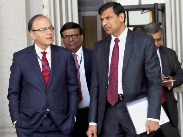 Finance minister Arun Jaitley with RBI governor Raghuram Rajan at IMF 2016 Spring Summit in Washington DC on Friday. (PTI Photo) Finance minister Arun Jaitley with RBI governor Raghuram Rajan at IMF 2016 Spring Summit in Washington DC on Friday. (PTI Photo)