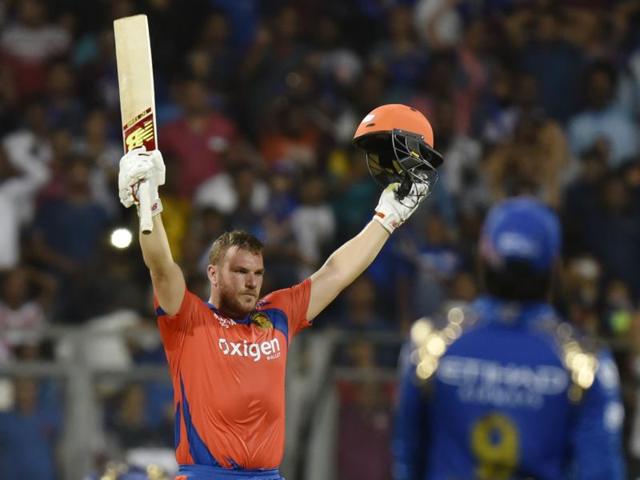 Aaron Finch raises his arms in celebration after hitting the winning runs. (Satish Bate/HT Photo) Aaron Finch raises his arms in celebration after hitting the winning runs. (Satish Bate/HT Photo)