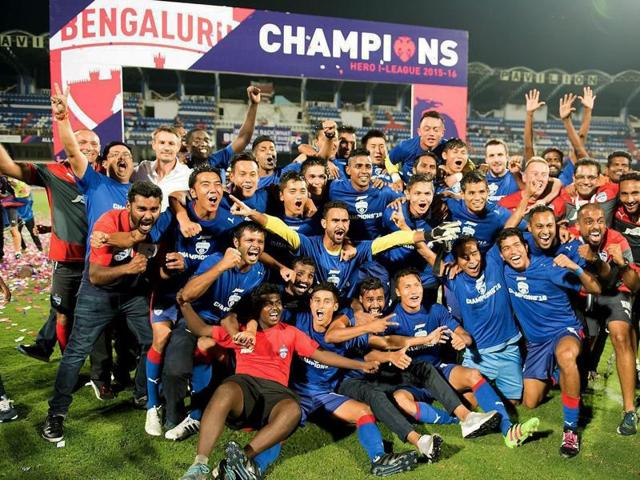 Bengaluru FC players celebrating their I-League title win after beating Salgaocar FC 2-0. (PTI Photo) Bengaluru FC players celebrating their I-League title win after beating Salgaocar FC 2-0. (PTI Photo)
