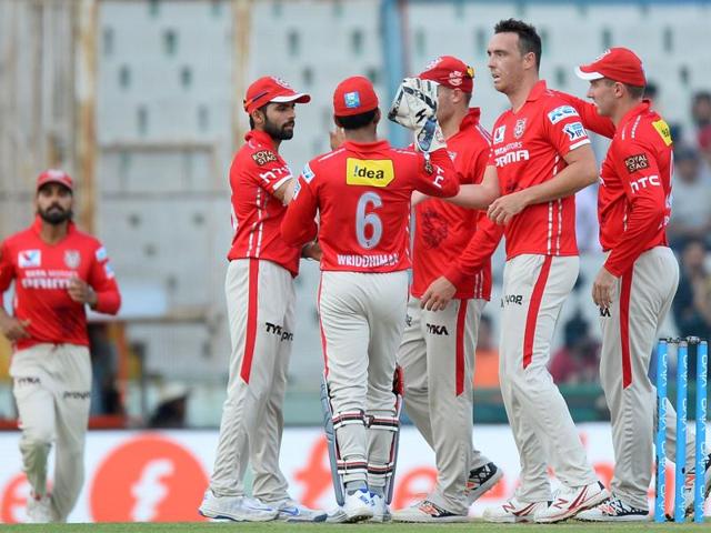 Kings XI Punjab players celebrate with Kyle Abbott (2R) after the dismissal of Rising Pune Supergiants batsman Kevin Pietersen. (AFP) Kings XI Punjab players celebrate with Kyle Abbott (2R) after the dismissal of Rising Pune Supergiants batsman Kevin Pietersen. (AFP)