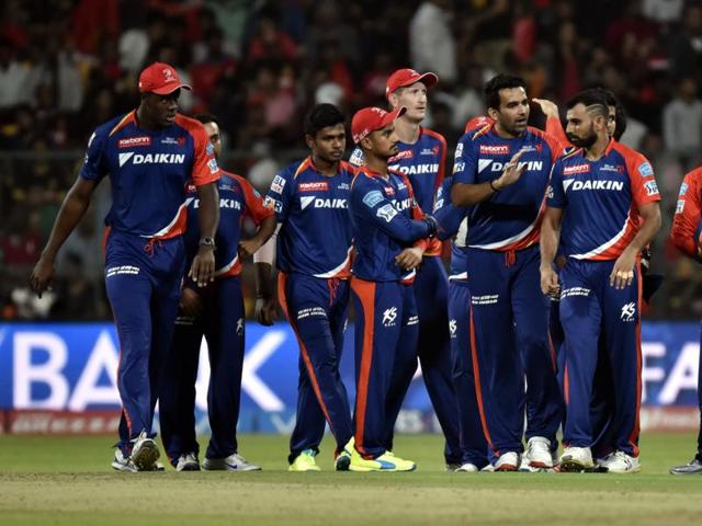 Delhi Daredevils celebrates the wicket of Royal Challengers Bangalore Shane Watson. (Mohd Zakir/HT Photo) 