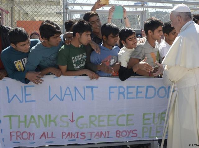 Pope Francis meets migrants at the Moria camp on the Greek island of Lesbos. (AP) Pope Francis meets migrants at the Moria camp on the Greek island of Lesbos. (AP)