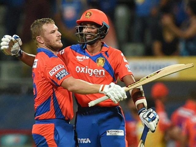 Aaron Finch celebrates victory with Dhawal Kulkarni. (PTI) Aaron Finch celebrates victory with Dhawal Kulkarni. (PTI)