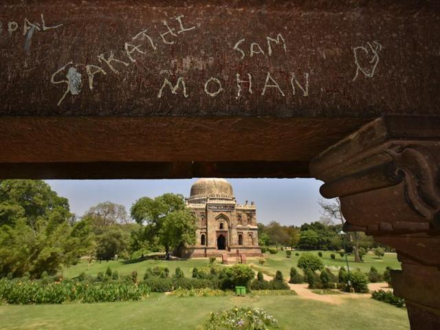 But our efforts to protect these structures seem to be lacking. This scribbling across walls of Lodhi Tomb in Lodhi Garden speaks for the bitter truth. (Raj K Raj/HT Photos ) But our efforts to protect these structures seem to be lacking. This scribbling across walls of Lodhi Tomb in Lodhi Garden speaks for the bitter truth. (Raj K Raj/HT Photos )