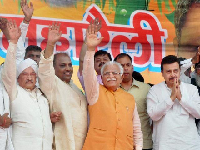 Haryana chief minister Manohar Lal Khattar during a rally in Mewat district of Haryana on Sunday. (PTI) Haryana chief minister Manohar Lal Khattar during a rally in Mewat district of Haryana on Sunday. (PTI)