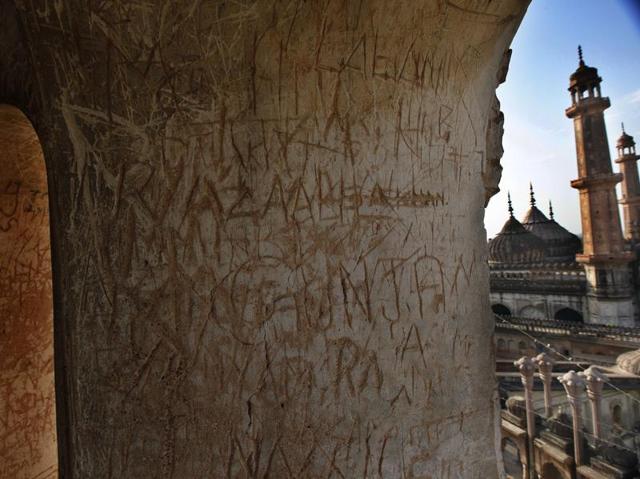 Scribbled walls of Rumi Darwaza of the Asafi Mosque complex inside the Bara Imambara, in Lucknow. The Imambara was built by Asaf-ud-daula, Nawab of Awadh, in 1784. (Raj K Raj/HT Photos ) Scribbled walls of Rumi Darwaza of the Asafi Mosque complex inside the Bara Imambara, in Lucknow. The Imambara was built by Asaf-ud-daula, Nawab of Awadh, in 1784. (Raj K Raj/HT Photos )