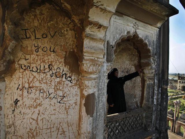 ‘But why use these invaluable walls to express the love?’ A question one must ask on World Heritage day. Here’s another scribbled wall of the Rumi Darwaza in Lucknow. (Raj K Raj/HT Photos ) ‘But why use these invaluable walls to express the love?’ A question one must ask on World Heritage day. Here’s another scribbled wall of the Rumi Darwaza in Lucknow. (Raj K Raj/HT Photos )