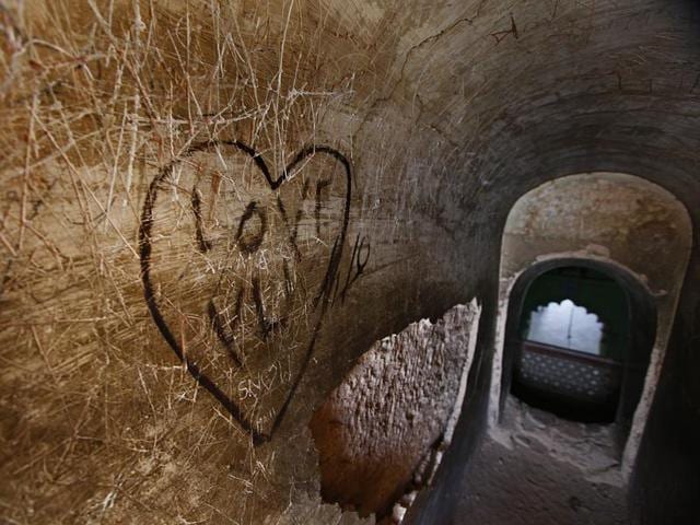 Scribbles on a wall inside the Rumi Darwaza, Asafi Mosque complex of the Bara Imambara in Lucknow. (Raj K Raj/HT Photos ) Scribbles on a wall inside the Rumi Darwaza, Asafi Mosque complex of the Bara Imambara in Lucknow. (Raj K Raj/HT Photos )