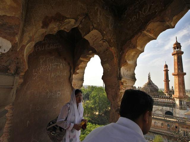 Scribbles on a wall inside the Rumi Darwaza, Asafi Mosque complex of the Bara Imambara in Lucknow. (Raj K Raj/HT Photos ) Scribbles on a wall inside the Rumi Darwaza, Asafi Mosque complex of the Bara Imambara in Lucknow. (Raj K Raj/HT Photos )