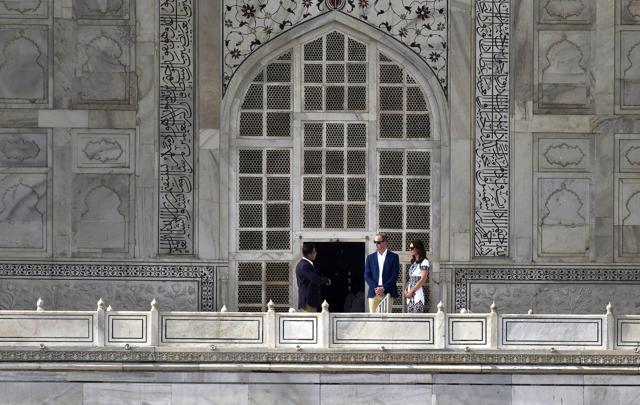 Britain's Prince William and his wife Kate, the Duchess of Cambridge knowing more about the Taj Mahal in Agra on Saturday. (Ajay Aggarwal/ HT Photo) Britain's Prince William and his wife Kate, the Duchess of Cambridge knowing more about the Taj Mahal in Agra on Saturday. (Ajay Aggarwal/ HT Photo)