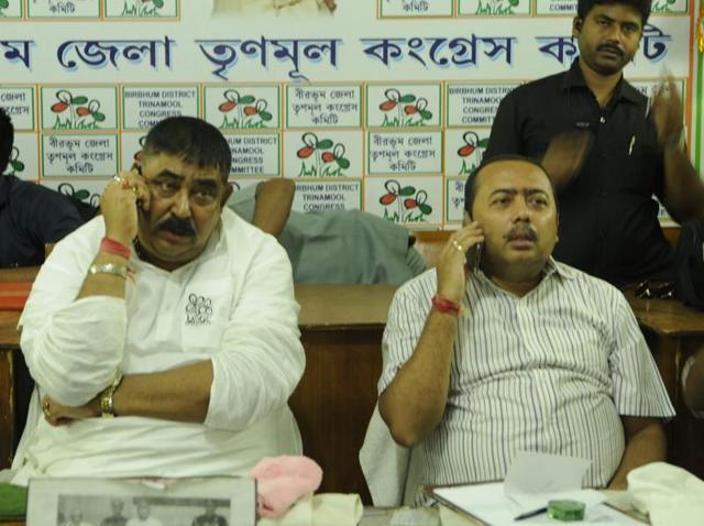 TMC strongman Anubrata Mondal with his party workers at the Bolpur party office after casting his vote on Sunday. (Subhendu Ghosh/HT Photo) TMC strongman Anubrata Mondal with his party workers at the Bolpur party office after casting his vote on Sunday. (Subhendu Ghosh/HT Photo)