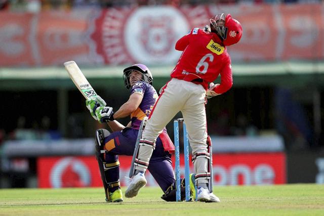 Faf du Plessis hits a scoop as Kings XI keeper Wriddhiman Saha watches. (PTI) Faf du Plessis hits a scoop as Kings XI keeper Wriddhiman Saha watches. (PTI)