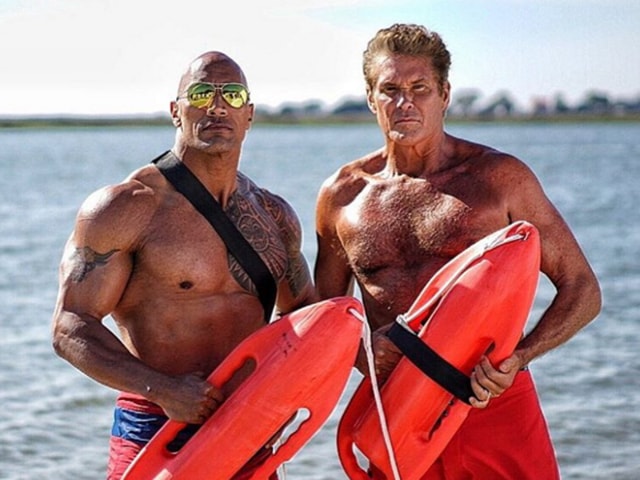 The past and present collides: Dwayne Johnson and David Hasselhoff will share screen space in Baywatch. (Instagram) 
