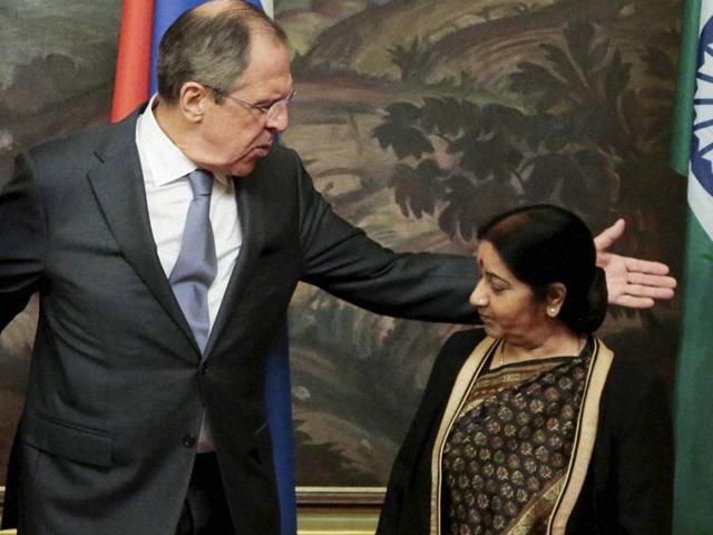 External affairs minister Sushma Swaraj interacts with her Russian counterpart Sergey Lavrov in Moscow. (AP) External affairs minister Sushma Swaraj interacts with her Russian counterpart Sergey Lavrov in Moscow. (AP)