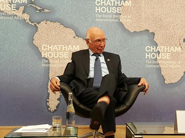 Sartaj Aziz delivered a lecture on “A Strategic Vision of Pakistan’s Foreign Policy” at Chatham House, London, on Monday. (HT Photo) Sartaj Aziz delivered a lecture on “A Strategic Vision of Pakistan’s Foreign Policy” at Chatham House, London, on Monday. (HT Photo)