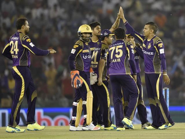 Sunil Narine of Kolkata Knight Rider team celebrates the wicket of Glenn Maxwell. (Gurpreet Singh/HT Photo) 