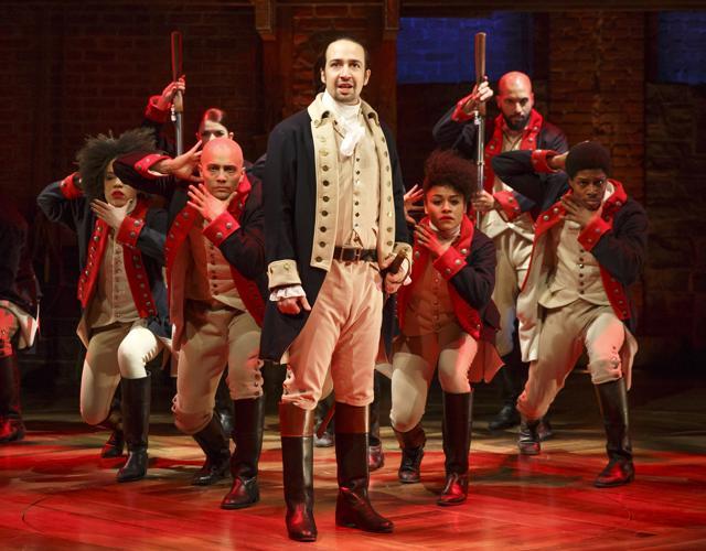Lin-Manuel Miranda (centre) with the cast during a performance of ‘Hamilton’ in New York. (AP) Lin-Manuel Miranda (centre) with the cast during a performance of ‘Hamilton’ in New York. (AP)
