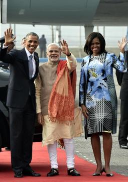 US first lady Michelle Obama sported a Bibhu Mohapatra printed dress when she arrived in India in January 2015. (Hindustan Times) US first lady Michelle Obama sported a Bibhu Mohapatra printed dress when she arrived in India in January 2015. (Hindustan Times)
