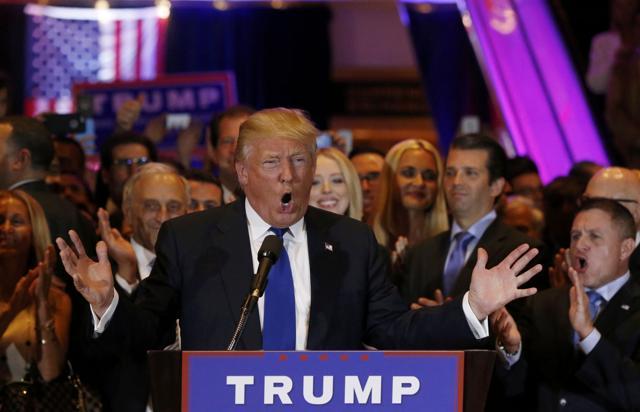 Republican US presidential candidate Donald Trump speaks at his New York presidential primary night rally in Manhattan, New York, U.S., April 19, 2016. (REUTERS) Republican US presidential candidate Donald Trump speaks at his New York presidential primary night rally in Manhattan, New York, U.S., April 19, 2016. (REUTERS)