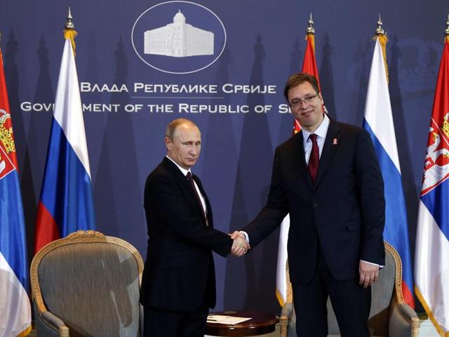 Russian President Vladimir Putin (L) shakes hands with Serbian Prime Minister Aleksandar Vucic, in Belgrade, Serbia. Moscow has been slowly losing its clout in eastern Europe as countries have joined Nato and the EU. (AP File Photo) Russian President Vladimir Putin (L) shakes hands with Serbian Prime Minister Aleksandar Vucic, in Belgrade, Serbia. Moscow has been slowly losing its clout in eastern Europe as countries have joined Nato and the EU. (AP File Photo)
