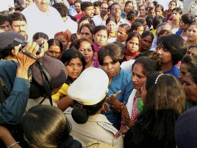 File Photo of Trupti Desai being detained with supporters at village Nandurshingote, about 50 kms from Nashik (PTI Photo) File Photo of Trupti Desai being detained with supporters at village Nandurshingote, about 50 kms from Nashik (PTI Photo)