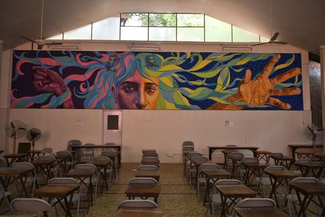 The multipurpose hall was once called the shed and was built in 1941. It was an open area with a single tree in the middle. Today, it houses a large mural, made by the students in collaboration with a New York-based artist Joel Bergner and local artist Krishna Sharma (Photo: Aalok Soni/HT) The multipurpose hall was once called the shed and was built in 1941. It was an open area with a single tree in the middle. Today, it houses a large mural, made by the students in collaboration with a New York-based artist Joel Bergner and local artist Krishna Sharma (Photo: Aalok Soni/HT)