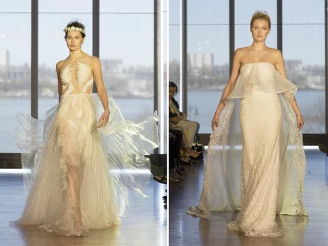At New York Bridal Fashion Week, Francesca Miranda presented 17 dramatic gowns that honored women around the world, with the designer naming each dress after an inspirational female in her life. (AFP) At New York Bridal Fashion Week, Francesca Miranda presented 17 dramatic gowns that honored women around the world, with the designer naming each dress after an inspirational female in her life. (AFP)