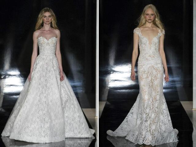 Innovation was the key word at Reem Acra, where detachable accessories and dramatic trains that could be converted into veils made for a traditional yet fashion-forward collection. (AFP) Innovation was the key word at Reem Acra, where detachable accessories and dramatic trains that could be converted into veils made for a traditional yet fashion-forward collection. (AFP)