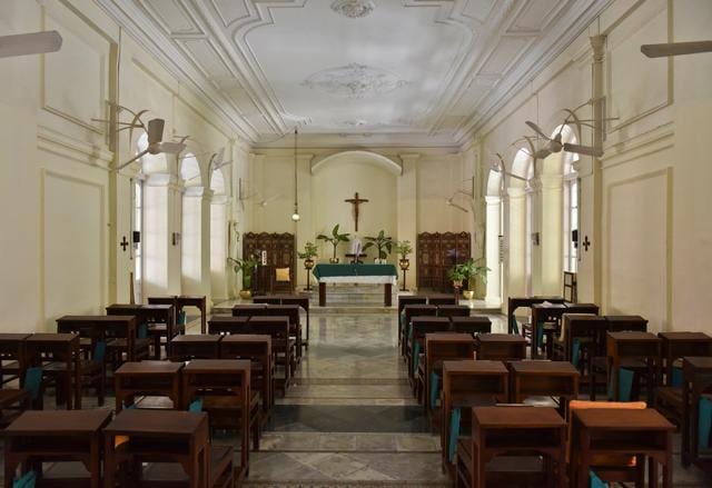The Chapel and the parlour, situated on the first floor of the college, have seating arrangements for visitors and retain antique furniture such as vintage sofas and centre-tables, also made from Burma teak (Photo: Aalok Soni/HT) The Chapel and the parlour, situated on the first floor of the college, have seating arrangements for visitors and retain antique furniture such as vintage sofas and centre-tables, also made from Burma teak (Photo: Aalok Soni/HT)