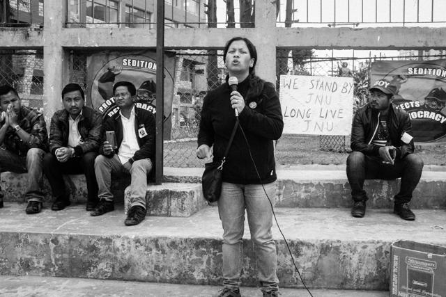 Angela Rangad, a member of the Raiot collective addressing a gathering in Shillong in solidarity with JNU students held on sedition charges. Often, a member of the collective may address a protest while a second member may be shooting its video or writing a report (Raiot) Angela Rangad, a member of the Raiot collective addressing a gathering in Shillong in solidarity with JNU students held on sedition charges. Often, a member of the collective may address a protest while a second member may be shooting its video or writing a report (Raiot)