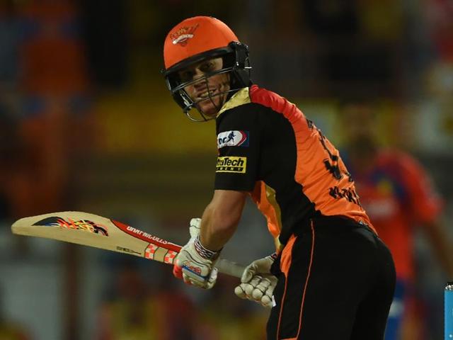 Sunrisers Hyderabad captain David Warner looks back after playing a shot. (AFP Photo) 