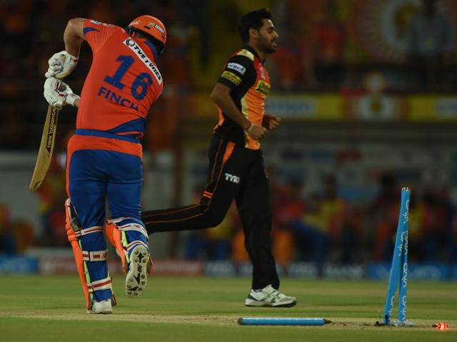 Sunrisers Hyderabad Bhuvneshwar Kumar celebrates the wicket of Gujarat Lions Aaron Finch. (AFP Photo) 
