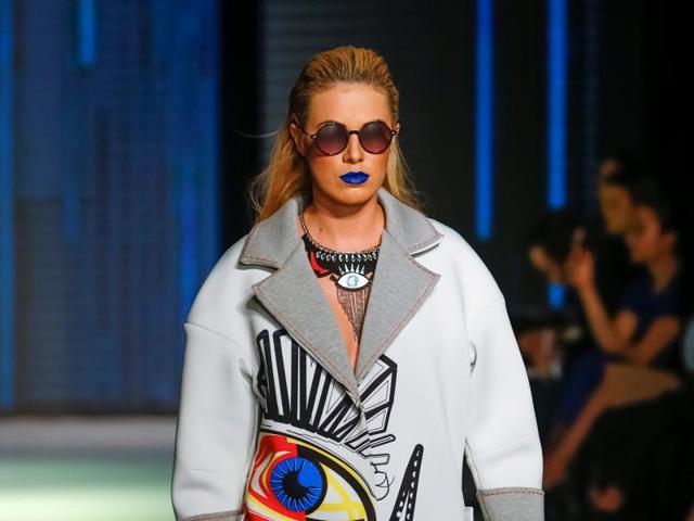 Here’s a model in an oversized jacket with an eye-motif. (REUTERS) Here’s a model in an oversized jacket with an eye-motif. (REUTERS)