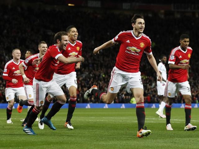 Manchester United's Matteo Darmian scores their second goal. (REUTERS) Manchester United's Matteo Darmian scores their second goal. (REUTERS)