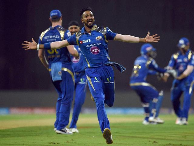 Krunal Pandya celebrates the wicket of AB de Villiers. (PTI) Krunal Pandya celebrates the wicket of AB de Villiers. (PTI)