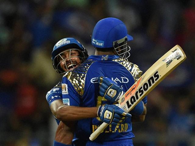 Mumbai Indians players Hardik Pandya and Kieron Pollard celebrate after their win. (PTI) Mumbai Indians players Hardik Pandya and Kieron Pollard celebrate after their win. (PTI)