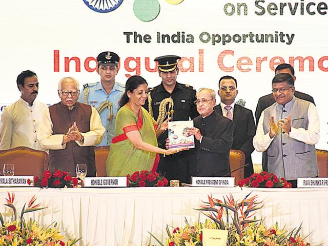 President Pranab Mukherjee at the inauguration of the second edition of the Global Exhibition on Services -2016 at the India Expo Centre & Mart in Greater Noida. (HT Photo) President Pranab Mukherjee at the inauguration of the second edition of the Global Exhibition on Services -2016 at the India Expo Centre & Mart in Greater Noida. (HT Photo)