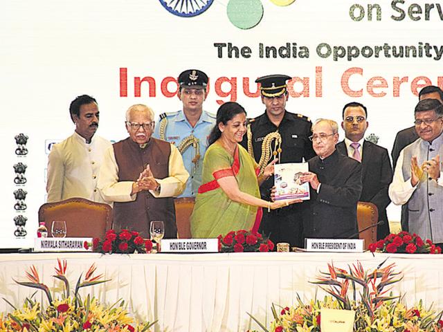 President Pranab Mukherjee at the inauguration of the second edition of the Global Exhibition on Services -2016 at the India Expo Centre & Mart in Greater Noida. (HT Photo) President Pranab Mukherjee at the inauguration of the second edition of the Global Exhibition on Services -2016 at the India Expo Centre & Mart in Greater Noida. (HT Photo)