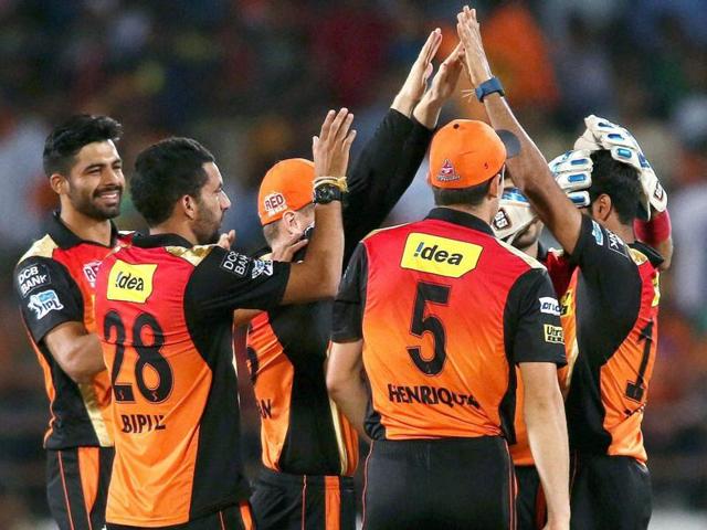 Bhuvneshwar Kumar of Sunrisers Hyderabad is congratulated for dismissing Aaron Finch of Gujarat Lions. (PTI Photo) 