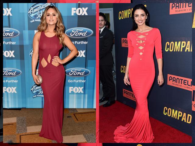 Pia Toscano (L) and Aislinn Derbez’s cut-out floor-length dresses in shades of red don’t make the cut. (AFP/Alberto E. Rodriguez; RobynBeck/AFP) Pia Toscano (L) and Aislinn Derbez’s cut-out floor-length dresses in shades of red don’t make the cut. (AFP/Alberto E. Rodriguez; RobynBeck/AFP)