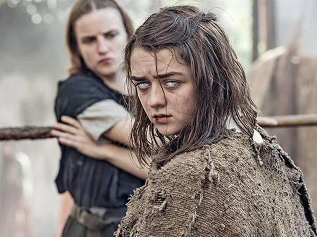 Arya Stark (No One), played by Maisie Williams, is seen with her foggy eyes in this photo. She is still wearing her raggy clothes and is perhaps training with Waif. (HBO)
