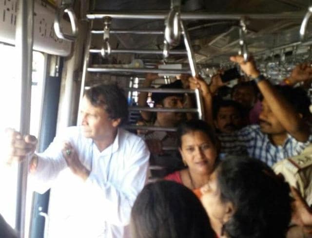 Just like most Mumbaiites, railway minister Suresh Prabhu on Thursday took a train to CST to avoid getting late for his appointment with chief minister Devendra Fadanvis at Mantralaya. (Western Railways Twitter Handle) Just like most Mumbaiites, railway minister Suresh Prabhu on Thursday took a train to CST to avoid getting late for his appointment with chief minister Devendra Fadanvis at Mantralaya. (Western Railways Twitter Handle)