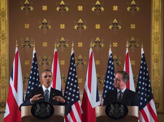Britain's Prime Minister David Cameron (right) with Barack Obama during the US President's visit to 10 Downing Street in London on Friday. (AP) Britain's Prime Minister David Cameron (right) with Barack Obama during the US President's visit to 10 Downing Street in London on Friday. (AP)