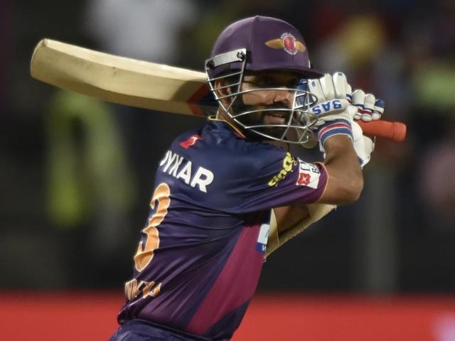Ajinkya Rahane of Rising Pune Supergaints in action against Royal Changellers Bangalore during an Indian Premier League (IPL). (Anshuman Poyrekar/HT Photo) 