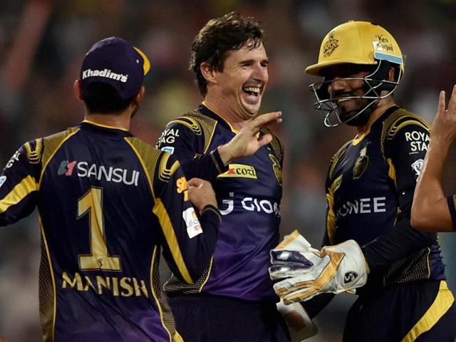 KKR Bowler Brad Hogg jubiliate with his teammates after dismissal of Delhi Daredevils batsman Pawan Negi. (PTI Photo) KKR Bowler Brad Hogg jubiliate with his teammates after dismissal of Delhi Daredevils batsman Pawan Negi. (PTI Photo)