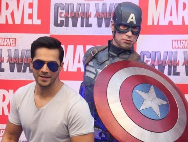 Actor Varun Dhawan during the launch of Captain America figurines in Mumbai on April 21, 2016.(IANS)