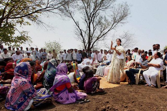 NCP MP Supriya Sule interacts with farmers in Ambejogai, Beed, on Friday. (PTI) NCP MP Supriya Sule interacts with farmers in Ambejogai, Beed, on Friday. (PTI)