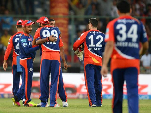 Delhi Daredevils cricketers celebrate the dismissal of Mumbai Indians batsman Ambati Rayudu. (AFP Photo)