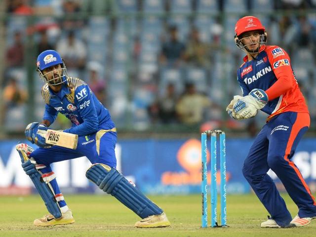 Mumbai Indians batsman Krunal Pandya plays a shot. (AFP Photo)