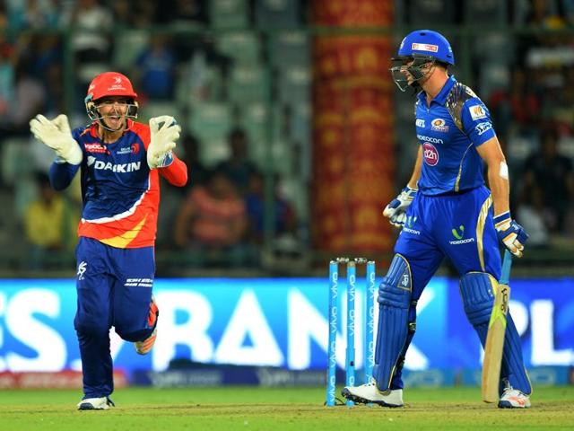 Delhi Daredevils wicketkeeper Quinton De Kock (L) celebrates after dismissing Jos Buttler. (AFP Photo) Delhi Daredevils wicketkeeper Quinton De Kock (L) celebrates after dismissing Jos Buttler. (AFP Photo)